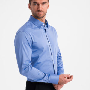 Klasyczna męska koszula SLIM FIT z satynowej tkaniny – niebieska V2