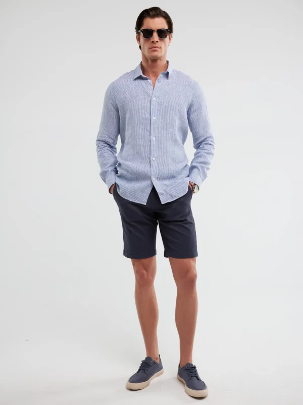 Lniana koszula męska w prążek niebieska Malekiwo 402