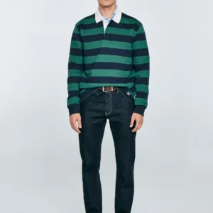 Koszulka męska polo z długim rękawem w pasy granatowo-zielona Miker 403