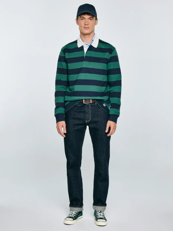 b67b89a6f1fb678599e520da959e4f33f82a067b Koszulka męska polo z długim rękawem w pasy granatowo-zielona Miker 403