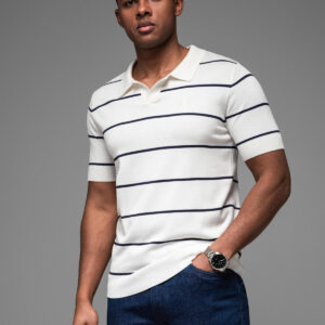 Koszulka męska polo w poziome paski z wiskozą – biało-granatowa V2