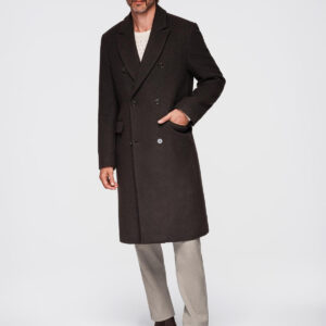 Męski dwurzędowy płaszcz z wełną - ciemnobrązowy V3