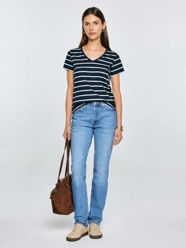 Koszulka damska z dekoltem v-neck w paski granatowa Retina 403