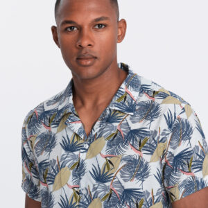 Wiskozowa wzorzysta męska koszula z krótkim rękawem – palmy V7
