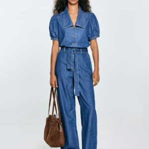 Bluzka damska jeansowa z ozdobnym kołnierzem niebieska Jones 416