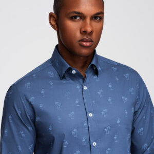 Klasyczna męska bawełniana koszula SLIM FIT w palmy - ciemnoniebieska V5