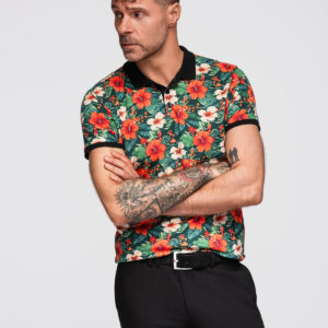 Polo koszulka bawełniana z nadrukiem w kwiaty – czarna V2