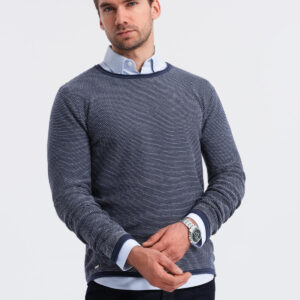 Męski dzianinowy sweter w strukturalne kropki – granatowy V1