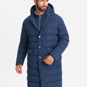 Długa pikowana kurtka męska z klapami i podpinką – ciemnoniebieska V1