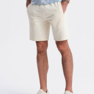 Dzianinowe spodenki męskie ze ściągaczem i kieszeniami - kremowe V12