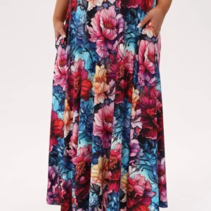 Rozkloszowana spódnica Solea MIDI w print piwonii PLUS SIZE XXL OVERSIZE