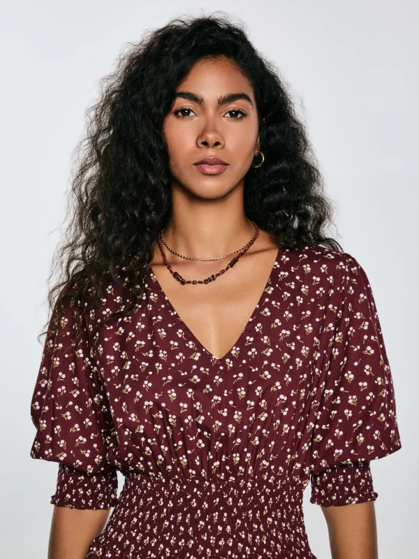 Sukienka damska midi z wiskozy z motywem kwiatowym bordowa Sheri 604