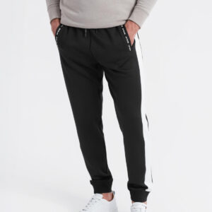 Dresowe męskie spodnie joggery z kontrastowymi lampasami – czarne V1