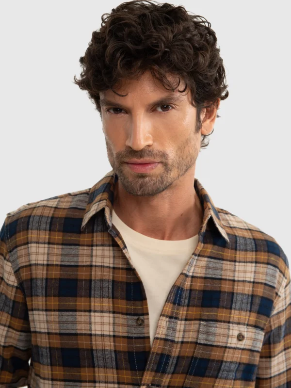 Koszula męska flanelowa w kratę brązowa Flanen 803