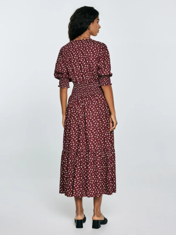 Sukienka damska midi z wiskozy z motywem kwiatowym bordowa Sheri 604