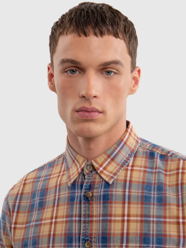 Koszula męska bawełniana w kratę granatowo-pomaraŅczową Indigis 402