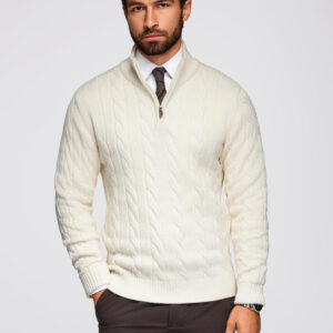 Sweter męski o warkoczowym splocie z golfem zapinanym na zamek – kremowy V1