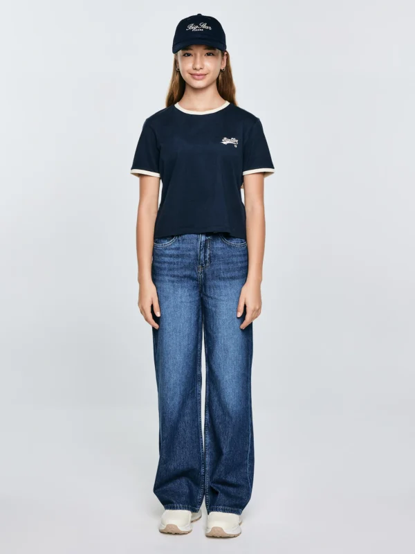 Koszulka dziewczęca z kontrastowym wykoŅczeniem granatowa Kola 403