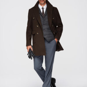 Dwurzędowy płaszcz męski z ozdobnymi guzikami – ciemnobrązowy V3