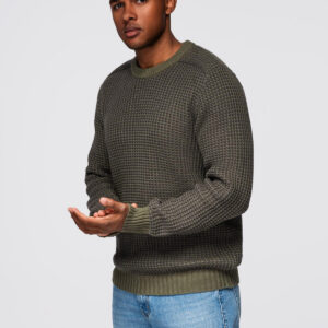 Sweter męski o kontrastowym splocie z okrągłym dekoltem – ciemnooliwkowy V2