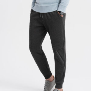 Spodnie męskie dresowe z przeszyciem i zamkiem na nogawce - grafitowy melanż V2