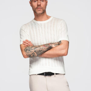 Męski ażurowy sweter z okrągłym dekoltem i krótkim rękawem – biały V1