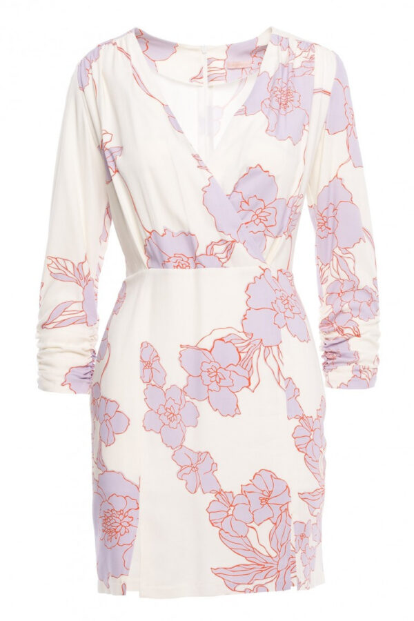 Ołówkowa sukienka mini w kwiaty z kopertową górą ecru kremowa