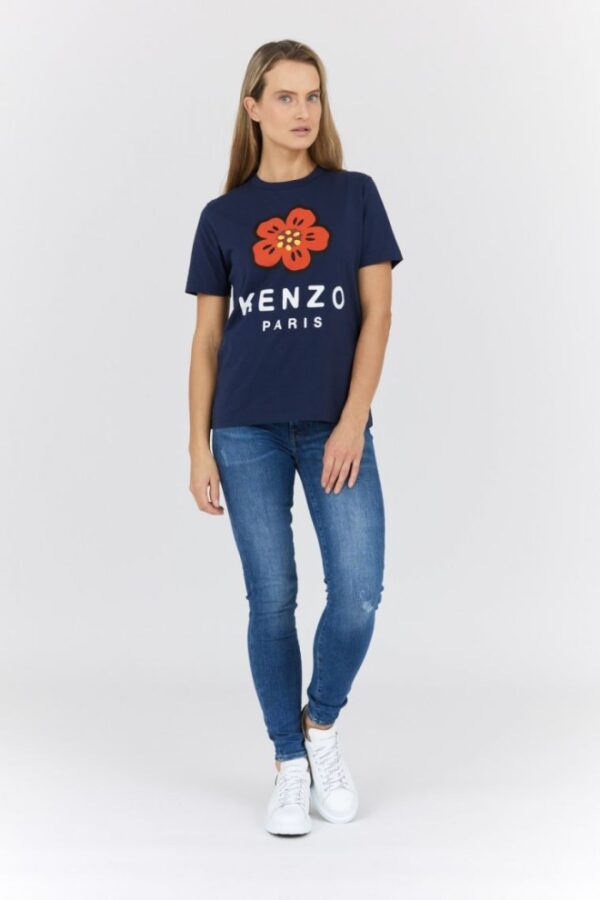 KENZO Granatowy t-shirt damski z czerwonym kwiatem
