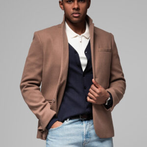 Marynarka męska casual z ozdobnymi guzikami na mankietach - jasnybrąz V2