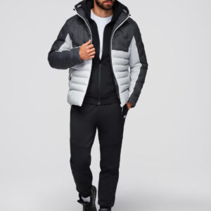 Kontrastowa kurtka pikowana męska z odpinanym kapturem – grafitowo-biała V3