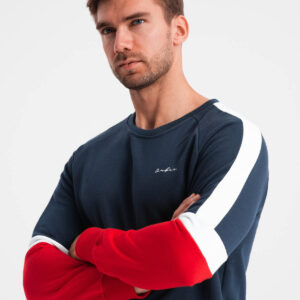 Trójkolorowa męska dresowa bluza z raglanowymi rękawami – granatowa V2