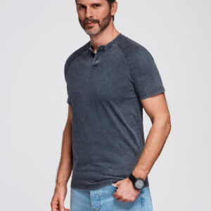 Męski t-shirt z efektem sprania i guzikami przy dekolcie – granatowy V2