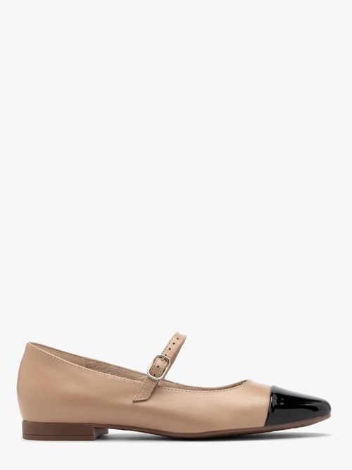 Beżowe baleriny z kontrastowym czarnym noskie