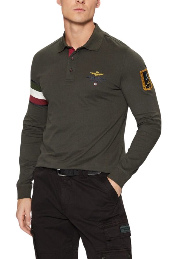 AERONAUTICA MILITARE Szarozielony męski longsleeve polo Tricolor