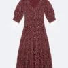 Sukienka damska midi z wiskozy z motywem kwiatowym bordowa Sheri 604