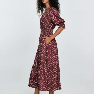 Sukienka damska midi z wiskozy z motywem kwiatowym bordowa Sheri 604