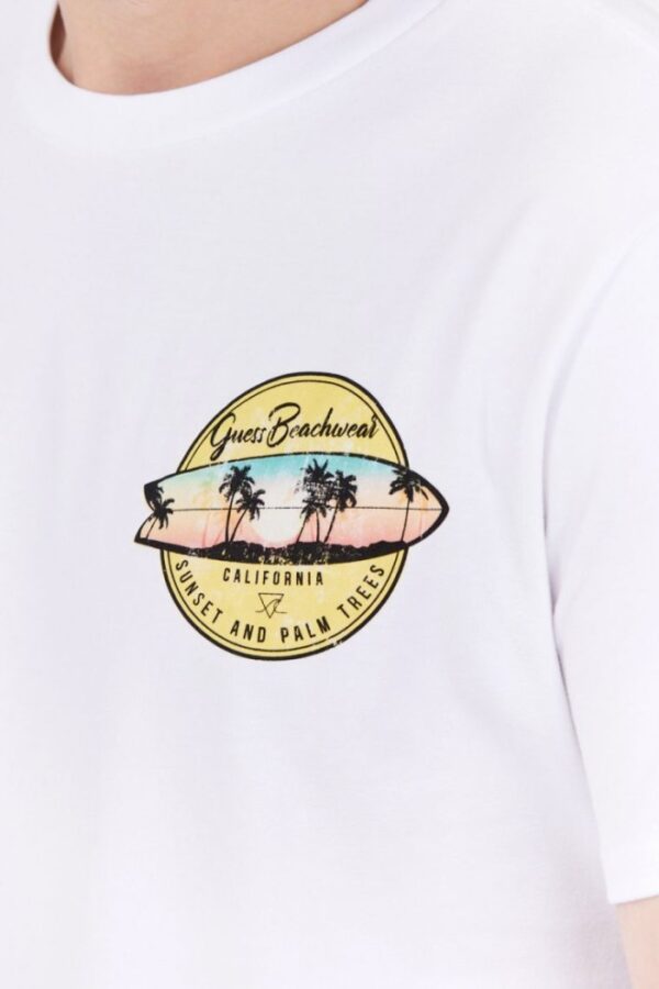 GUESS Biały bawełniany t-shirt męski sunset and palm trees