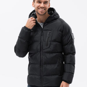 Pikowana mocno ocieplana kurtka męska z raglanowym rękawem – czarna V4