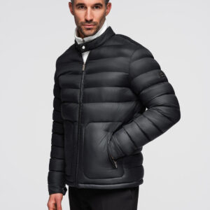 Pikowana klasyczna kurtka męska ze stójką – czarna V1