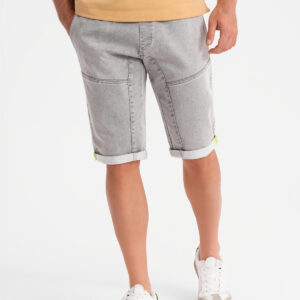 Jeansowe krótkie spodenki męskie z ozdobnymi przeszyciami - jasnoszare V1