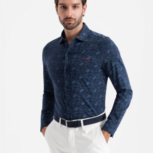 Męska koszula bawełniana z motywem roślinnym – granatowa V1