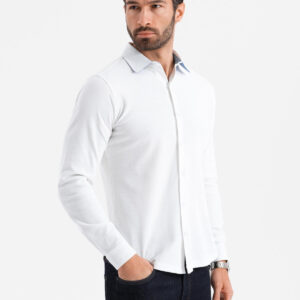 Dzianinowa koszula męska SLIM FIT z długim rękawem – biała V1
