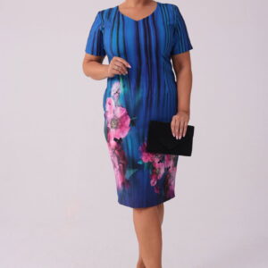 Elegancka sukienka Dotty w odcieniach szafiru z delikatnym kwiatowym printem PLUS SIZE XXL WIOSNA