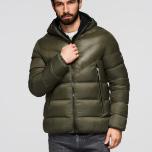 Pikowana nowoczesna kurtka męska z łączonych materiałów – ciemnooliwkowa V3