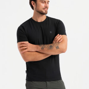 Męska koszulka z okrągłym dekoltem i logotypem SLIM FIT – czarna V3