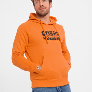 Męska bluza kangurka z kapturem i nadrukiem - pomarańczowa V1