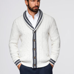 Sweter męski kardigan z szalowym kołnierzem w stylu preppy - biały V1