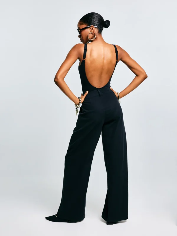 Spodnie damskie z szeroką nogawką z dodatkiem lnu czarne Malu 907