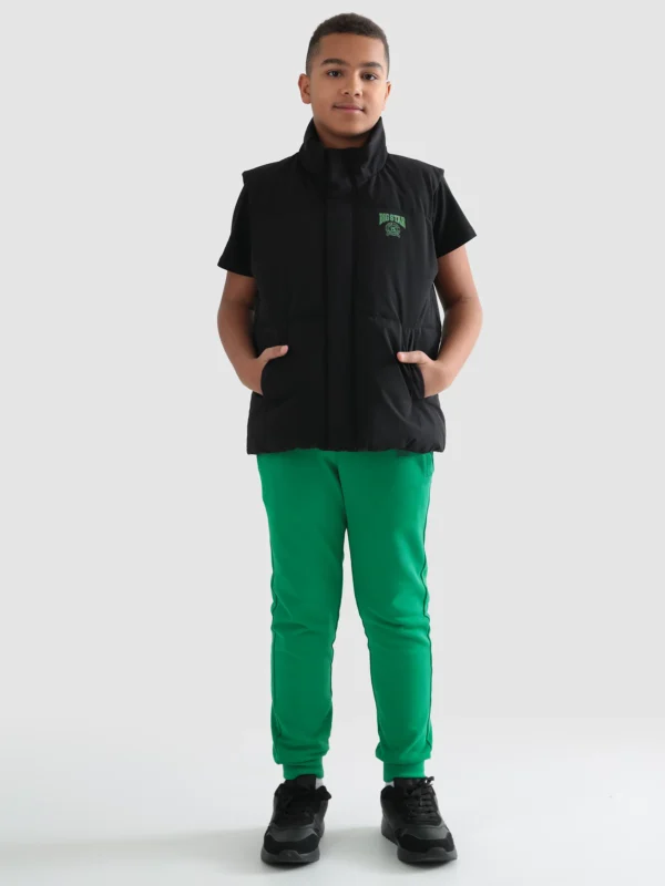 d7f9ac259e46a3aed8301ddd0d0b2e6801389f0e Kamizelka chłopięca pikowana z niewielkim nadrukiem na piersi czarna Tiger 906