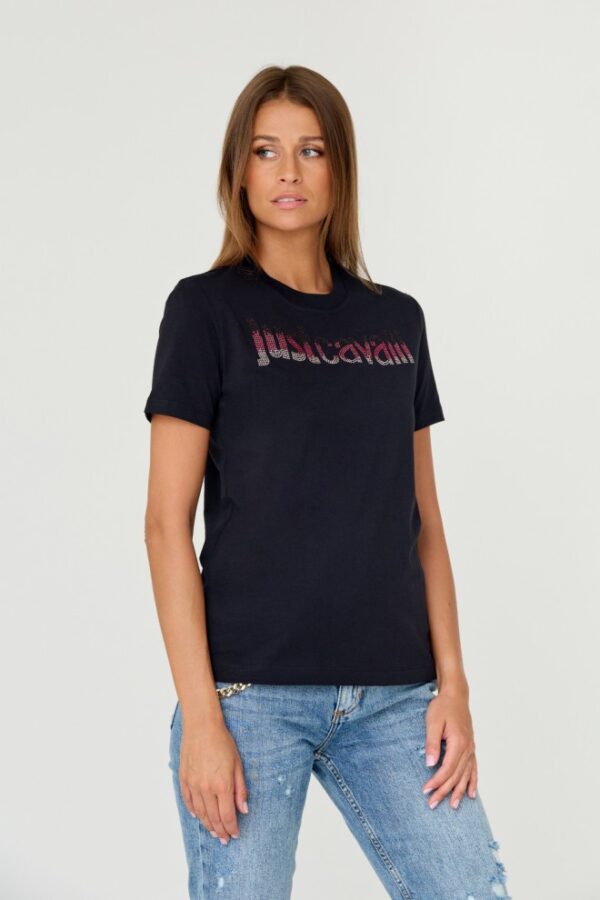 JUST CAVALLI Czarny damski t-shirt R LOGO CRYSTAL